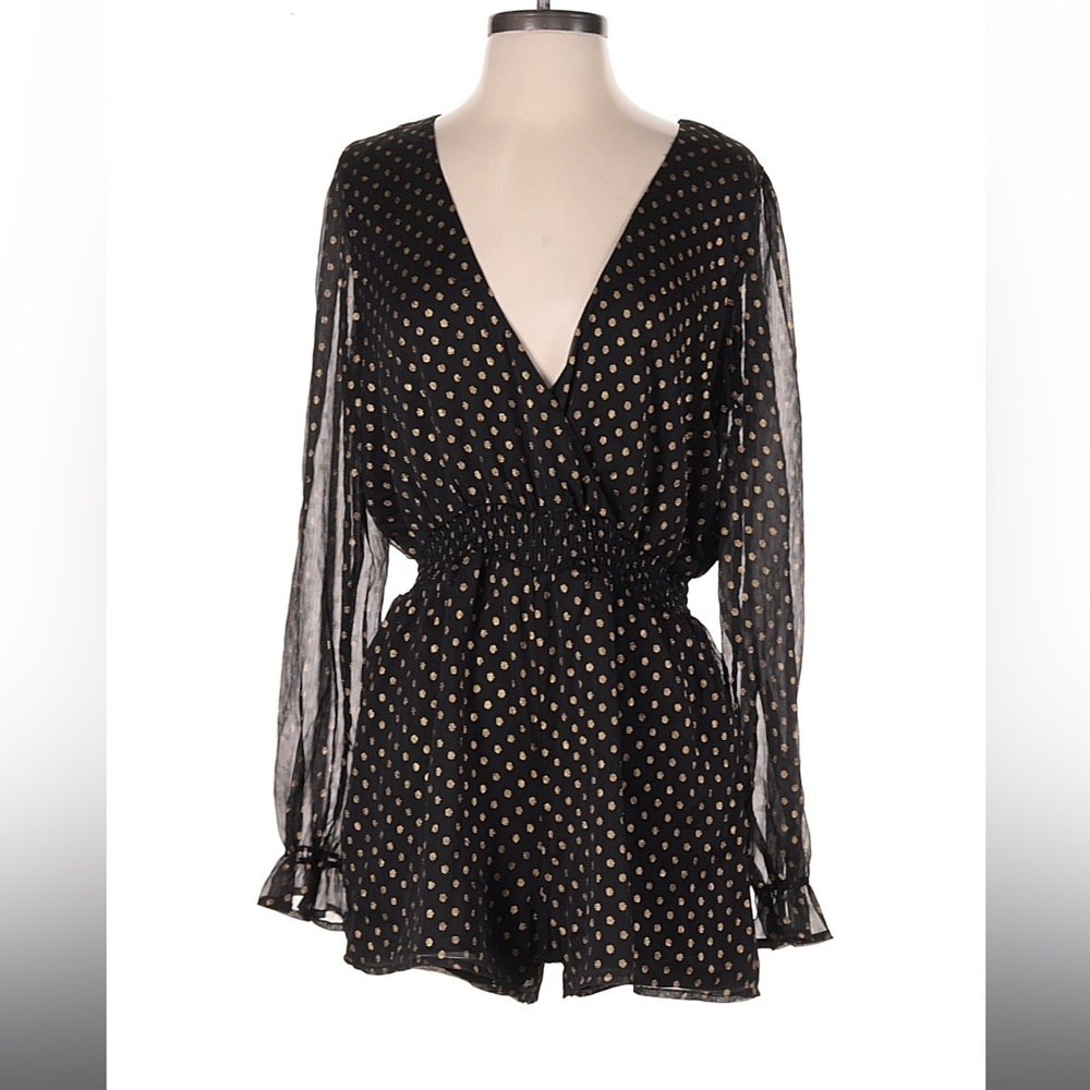 Lulus Evening Gold Dot Black Chiffon Romper Medium Sheer Sleeve V Neck Flowy NWT - Picture 2 of 6